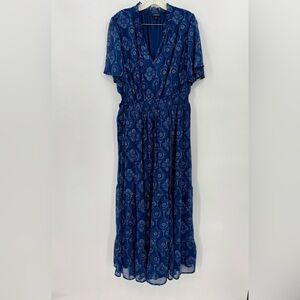Torrid Size 2 Blue Printed Maxi Dress Smocked Waist Flutter Sleeve